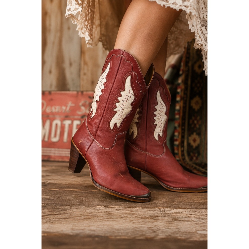 VTG‎ Red Western Cowboy Boots Leather Retro Rodeo Festival Cowgirl Edgy Sz 8.5